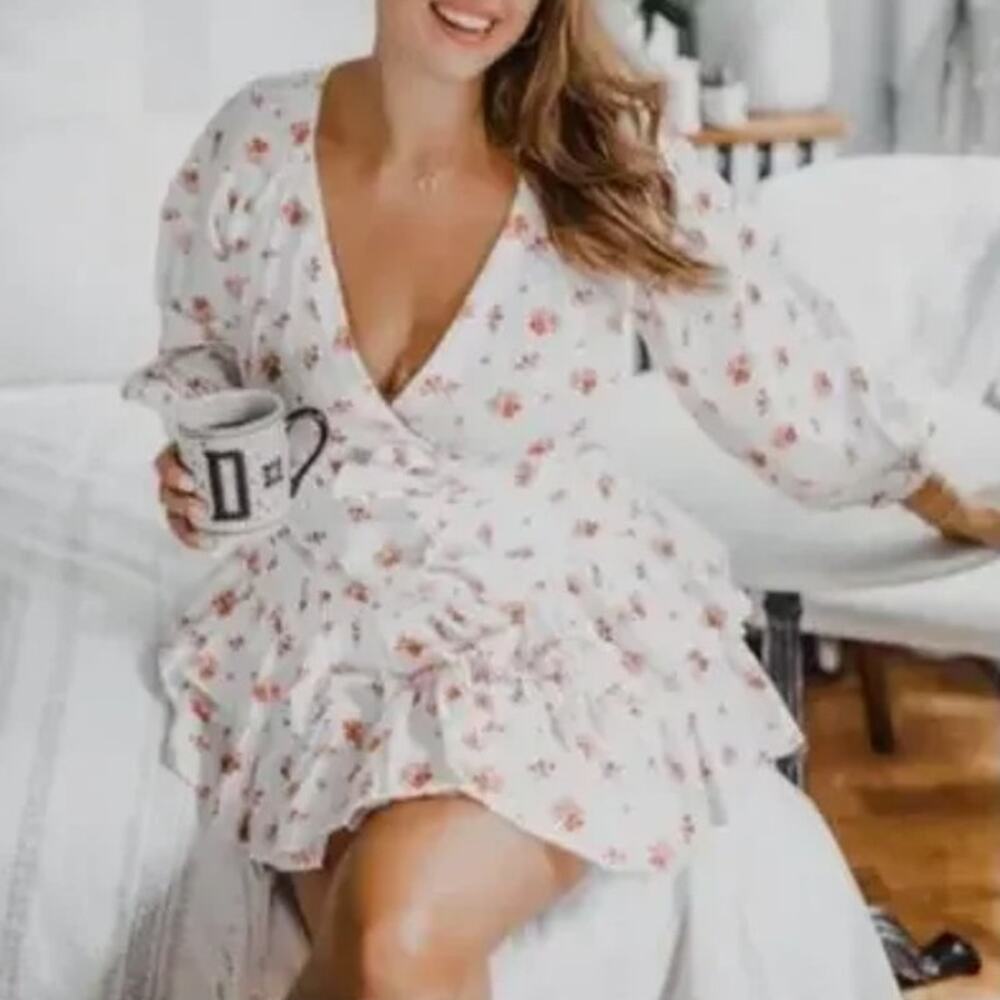 Maia Bergman Floral Ines Pink Floral Mini Wrap Dress in White